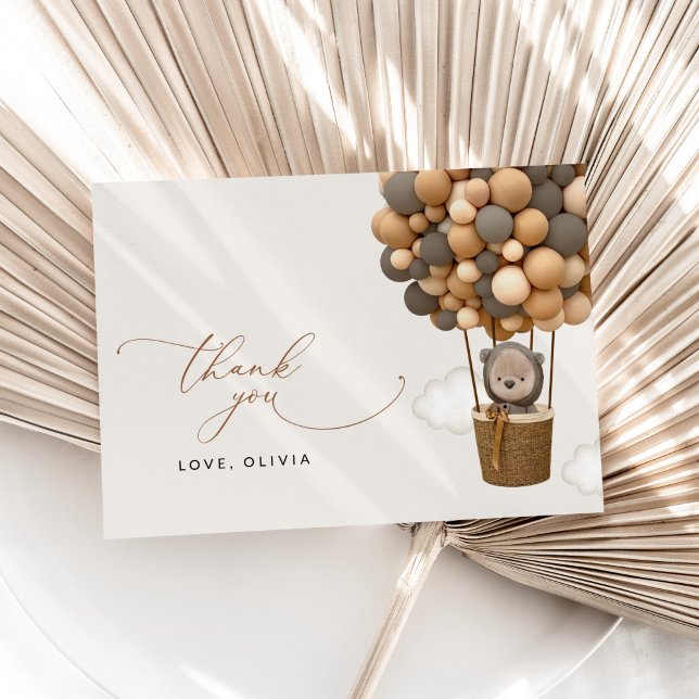 Bär, braune Balloons, Heißluftballon, Babydusche Dankeskarte (Von Creator hochgeladen)