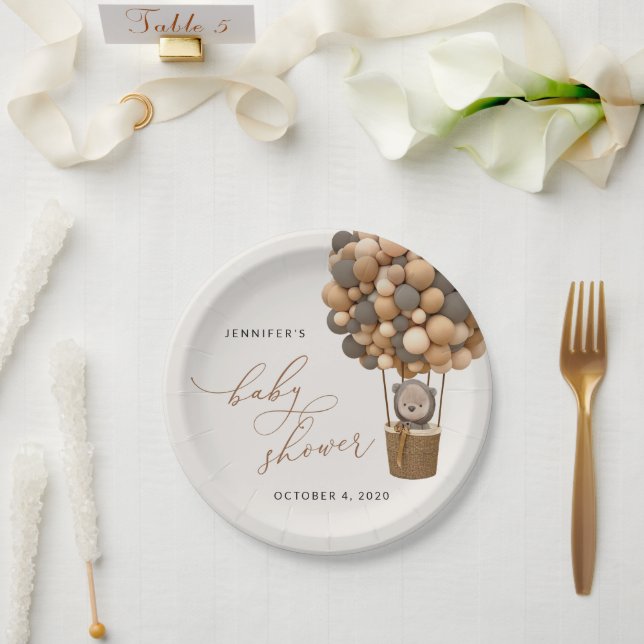 Bär, braune Balloons, Heißluftballon, Babydusche Pappteller (Hochzeit)