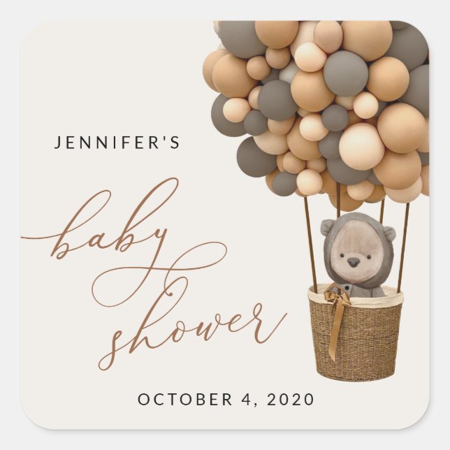 Bär, braune Balloons, Heißluftballon, Babydusche Quadratischer Aufkleber (Vorderseite)