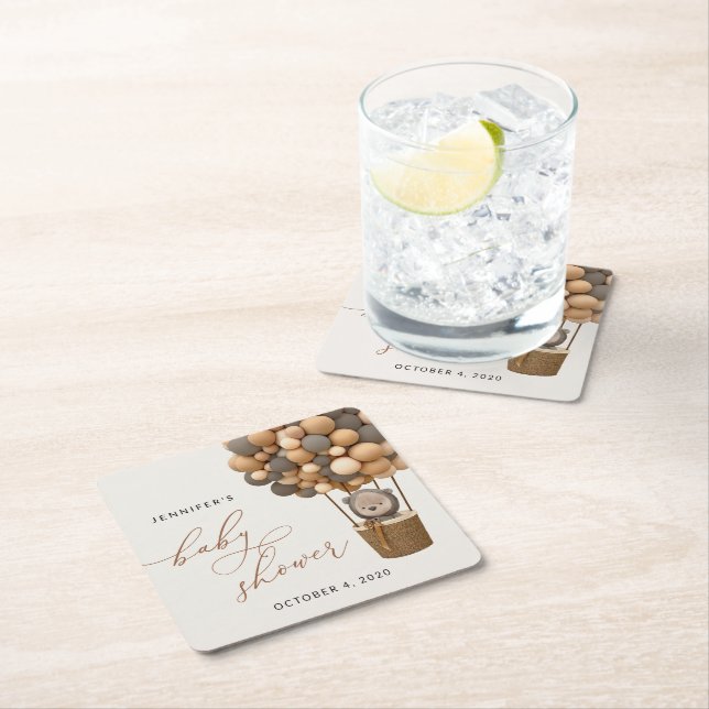 Bär, braune Balloons, Heißluftballon, Babydusche Rechteckiger Pappuntersetzer (Vor Ort)