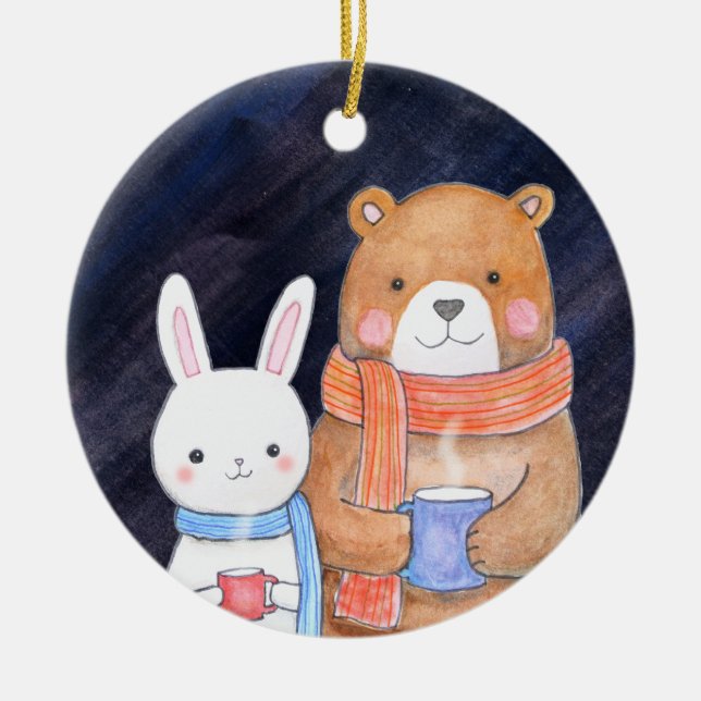 Bär & Bunny Couple Gemeinsam Weihnachten maßgeschn Keramik Ornament (Vorne)