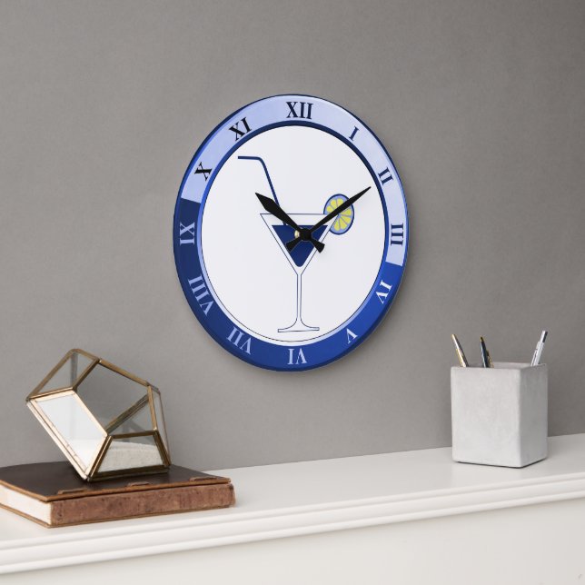 Bar Clock in Blau und Weiß Martini Große Wanduhr (Büro)