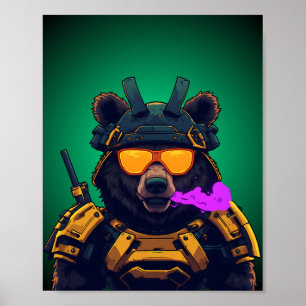 Bär-Cyberpunk-Samurai-Mecha-Maskottchen-Aufkleber Poster