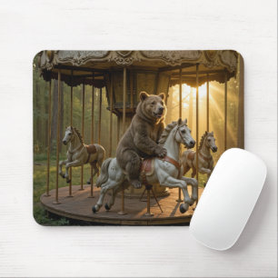Bär, der auf einem Karussellpferd in einem Wald re Mousepad