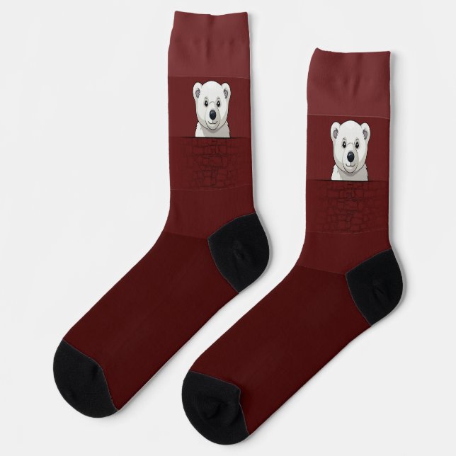 Bär, der über die Wand schaut, dunkel roter Samt S Socken (Linkes Detail)