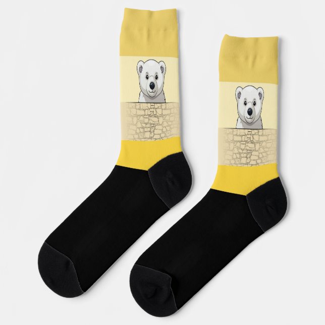 Bär, der über die Wand schaut, Hellgelbe Farbe Socken (Linkes Detail)