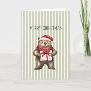 Bär Geschenk Hut Grün Weiß Streifen Weihnachten Karte