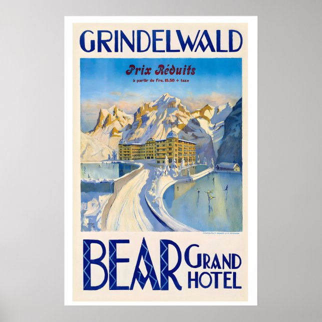 Bär Grand Hotel Grindelwald Schweiz Vintage Poster (Vorne)