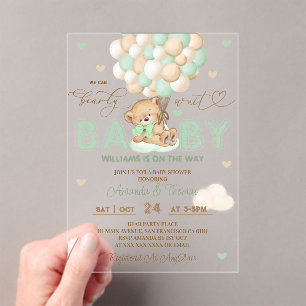 Bär grüne Ballons Baby Shower Acryleinladungen