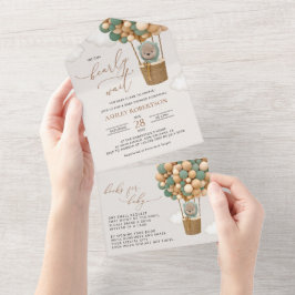 Bär, Grüne Balloons, Heißluftballon, Babydusche All In One Einladung