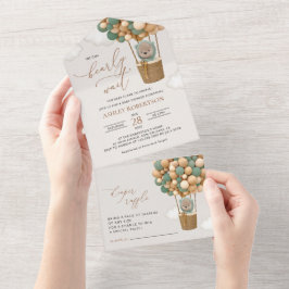 Bär, Grüne Balloons, Heißluftballon, Babydusche All In One Einladung