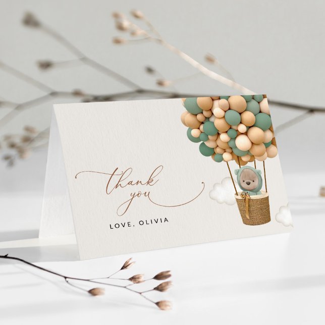 Bär, Grüne Balloons, Heißluftballon, Babydusche Dankeskarte (Von Creator hochgeladen)