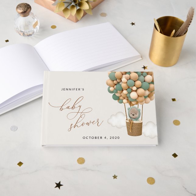 Bär, Grüne Balloons, Heißluftballon, Babydusche Gästebuch (Vorderseite Offen)