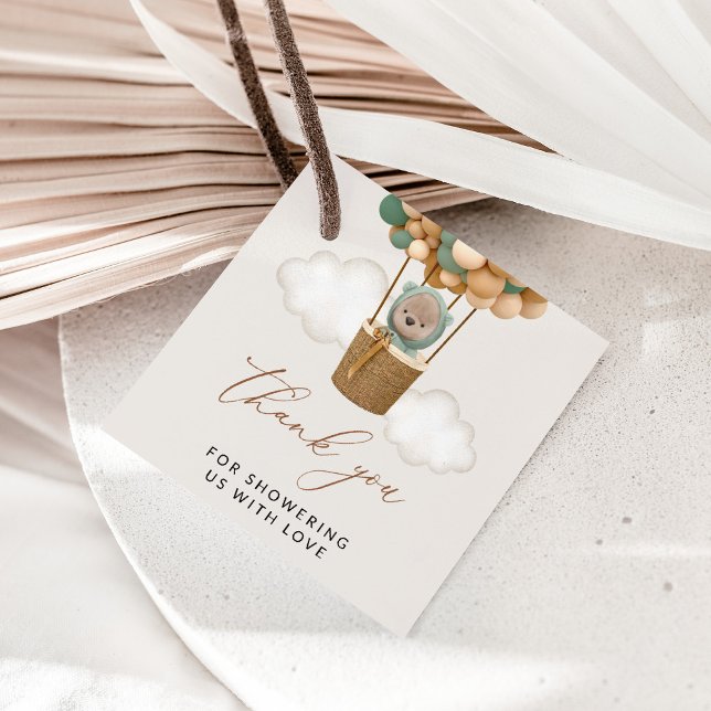 Bär, Grüne Balloons, Heißluftballon, Babydusche Geschenkanhänger (Von Creator hochgeladen)