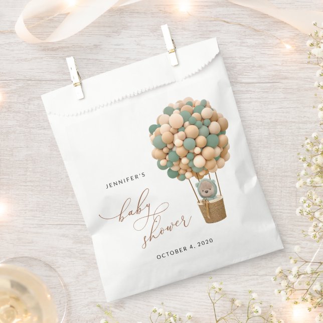 Bär, Grüne Balloons, Heißluftballon, Babydusche Geschenktütchen (Ausgeschnitten)