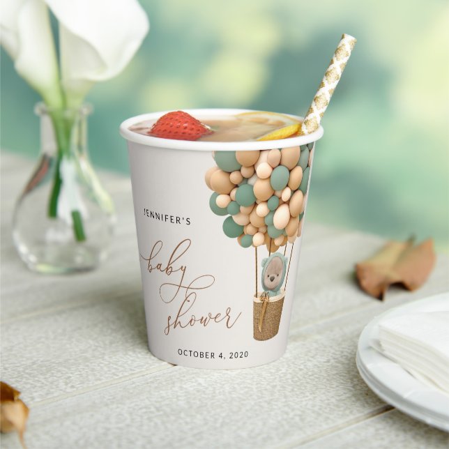 Bär, Grüne Balloons, Heißluftballon, Babydusche Pappbecher (In Situ)