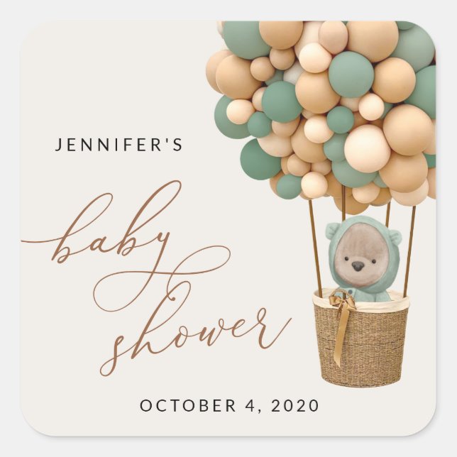 Bär, Grüne Balloons, Heißluftballon, Babydusche Quadratischer Aufkleber (Vorderseite)