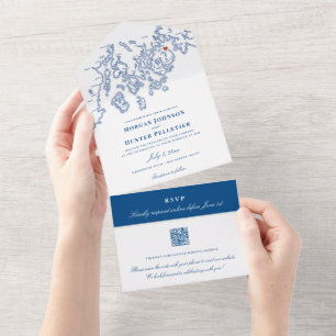 Bar Harbour Elegant Navy QR Hochzeit All In One Einladung