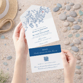 Bar Harbour Elegant Navy QR Hochzeit All In One Einladung