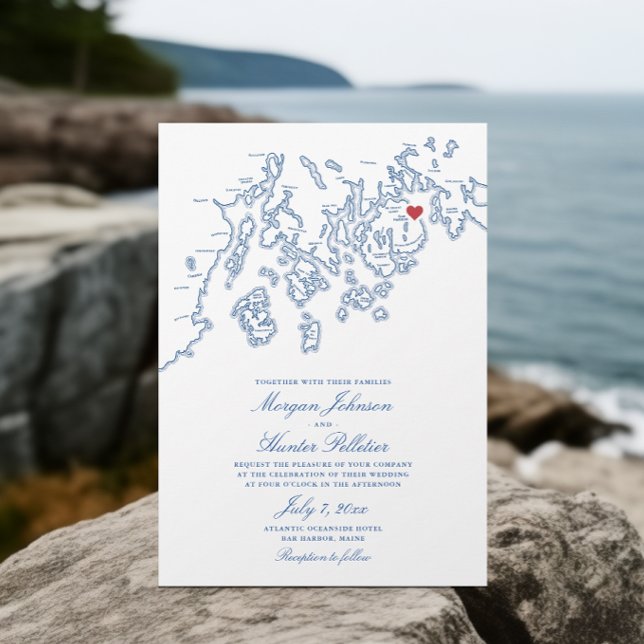 Bar Harbour Maine Map Elegant Navy Hochzeit Einladung (Bar Harbor Maine Map Wedding Invitation in elegant navy blue by Penobscot Bay Shop)