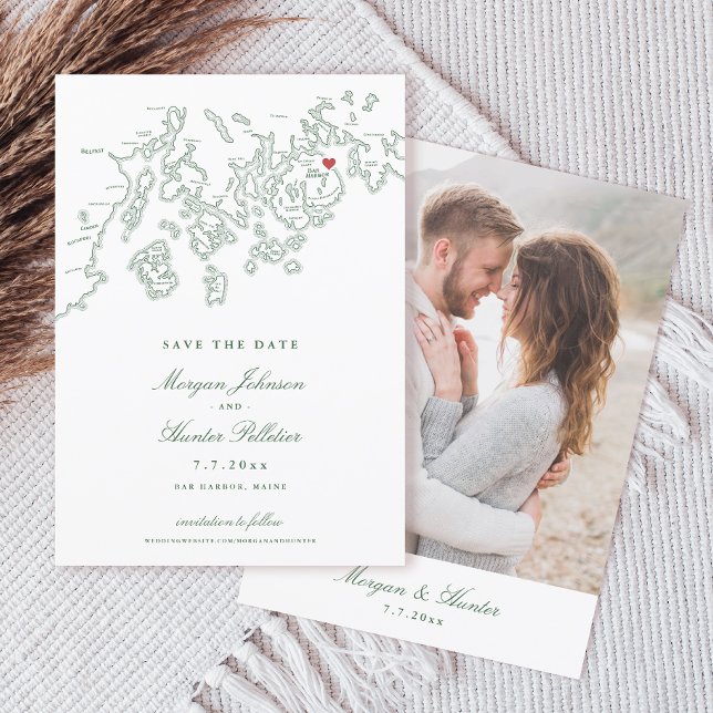 Bar Harbour Maine Map Hunter Green Foto Save The Date (Bar Harbor Maine Map Elegant 5x7 Photo Save the Date in hunter green from Penobscot Bay Shop)