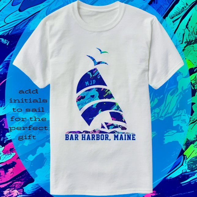 Bar Harbour Maine Sailboat Vacation T-Shirt (Bar Harbor, Maine Vacation Souvenir. Add initials to sail.)