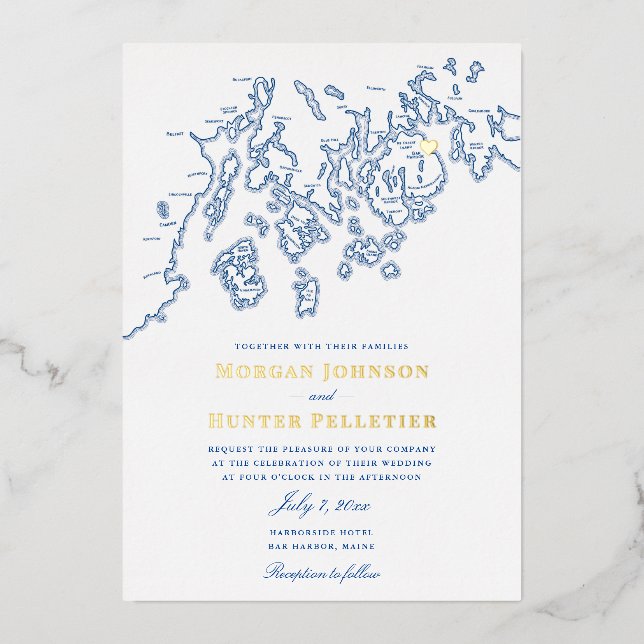 Bar Harbour Maine Wedding Elegant Navy und Gold Folieneinladung (Vorderseite)