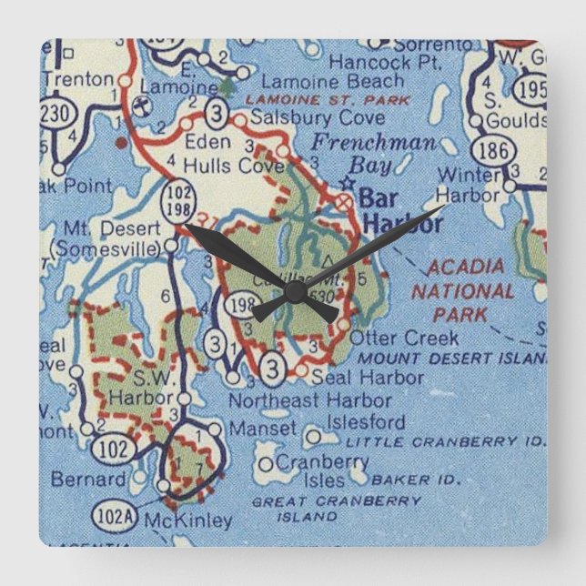 Bar Harbour und Acadia Nationalpark Karte Quadratische Wanduhr (Vorderseite)