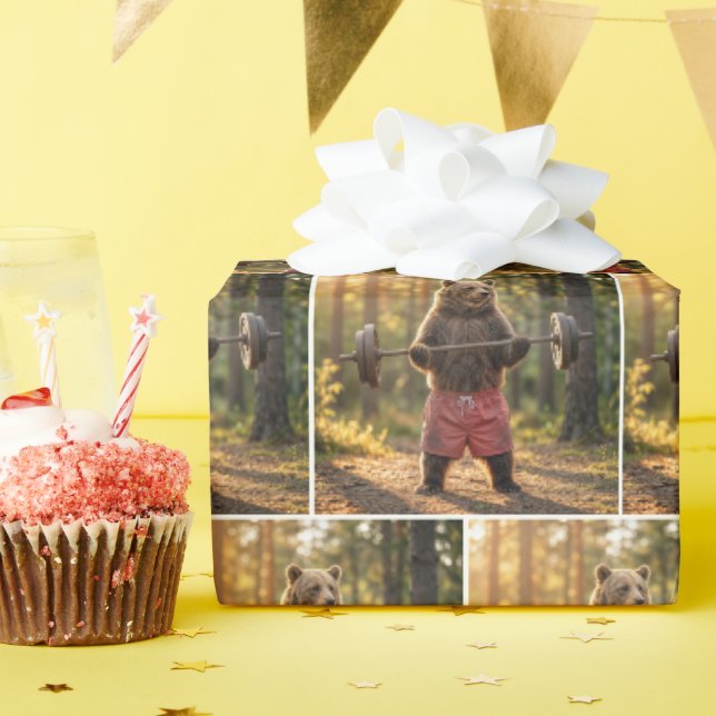 Bär hebt Gewichte in einem sonnigen Wald Geschenkpapier (Geburtstagsparty)