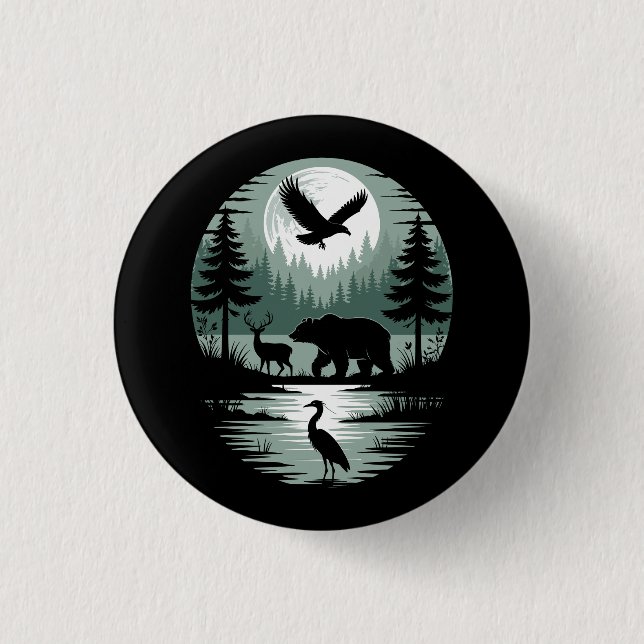 Bär Hirsch Adler Mond Wald Silhouette Button (Vorderseite)