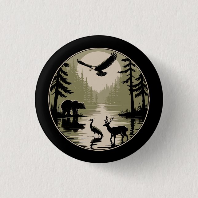Bär Hirsch Adler Mond Wald Silhouette Button (Vorderseite)
