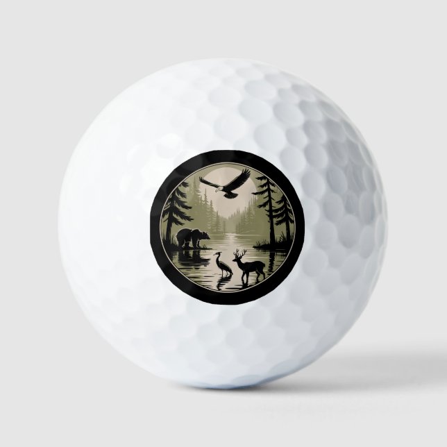 Bär Hirsch Adler Mond Wald Silhouette Golfball (Vorderseite)