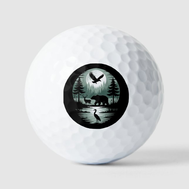 Bär Hirsch Adler Mond Wald Silhouette Golfball (Vorderseite)