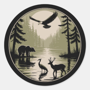Bär Hirsch Adler Mond Wald Silhouette Runder Aufkleber