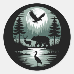 Bär Hirsch Adler Mond Wald Silhouette Runder Aufkleber