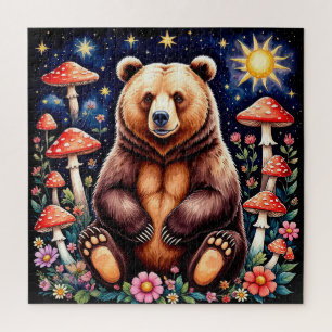 Bär im farbenfrohen Wald mit Sternen und Pilzen Puzzle