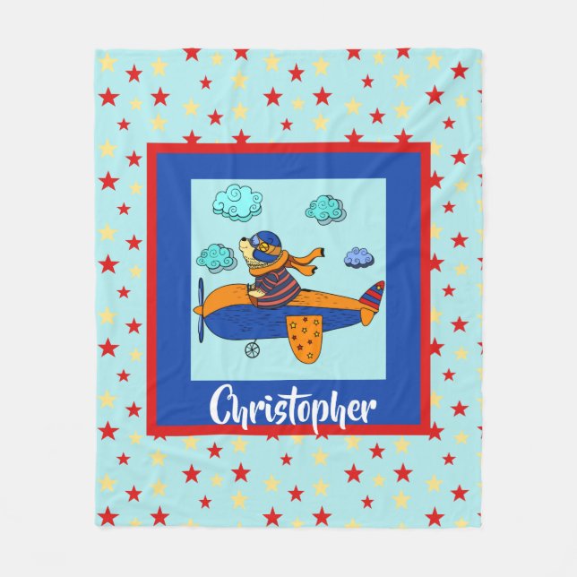 Bär im Flugzeug, Niedliche Personalisierte Kind Fleecedecke (Vorderseite)