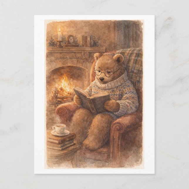 Bär im Vintage-Stil beim Lesen am Kamin Postkarte (Vorderseite)