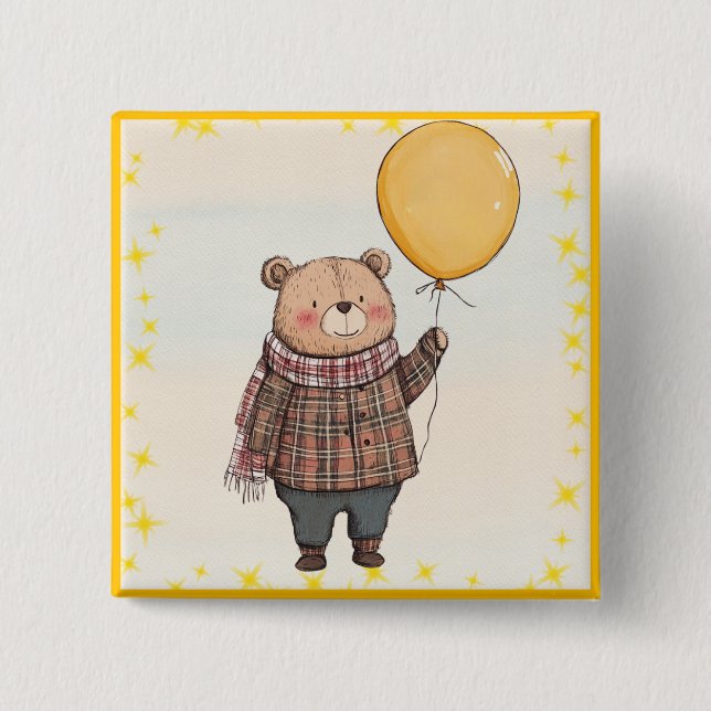Bär in Brown Kariert Sweater mit Yellow Balloon Button (Vorderseite)