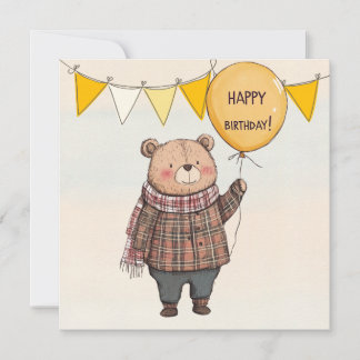 Bär in Brown Kariert Sweater mit Yellow Balloon Einladung
