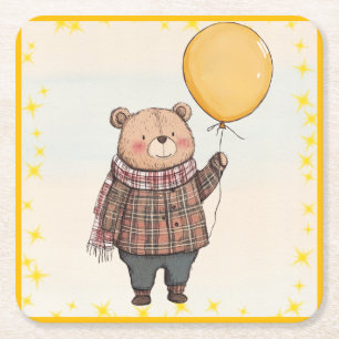 Bär in Brown Kariert Sweater mit Yellow Balloon Rechteckiger Pappuntersetzer