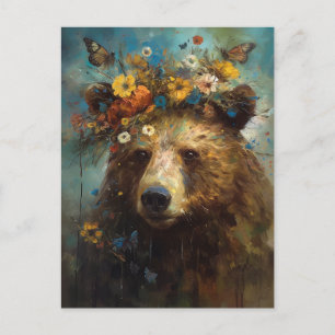 Bär in einer Krone von Blume und Schmetterlingen Postkarte