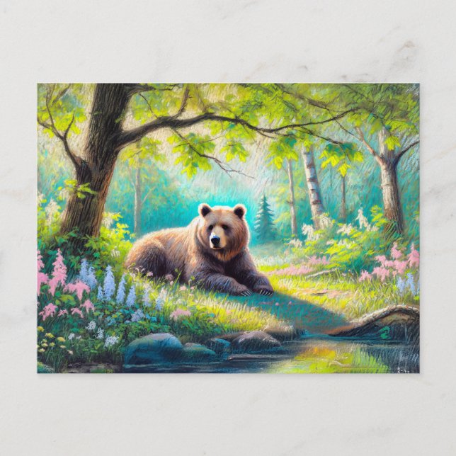 Bär in Forest Glade Pastel Chalk Zeichnend Postkarte (Vorderseite)