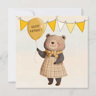 Bär in gelbem Kariertes Kleid mit gelbem Ballon Einladung