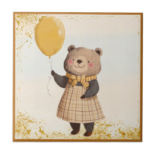 Bär in gelbem Kariertes Kleid mit gelbem Ballon Fliese