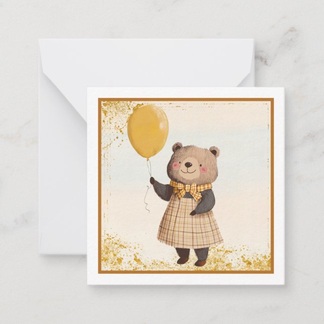Bär in gelbem Kariertes Kleid mit gelbem Ballon Mitteilungskarte (Vorderseite)