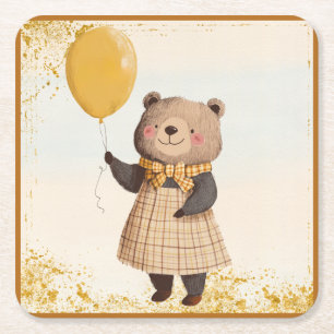 Bär in gelbem Kariertes Kleid mit gelbem Ballon Rechteckiger Pappuntersetzer