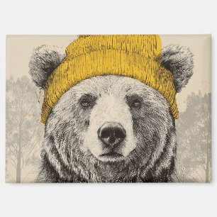 Bär in gelber Mütze, rustikales Waldtier  Magnet