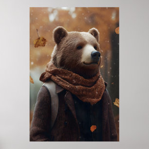 Bär in Herbstkleidung Kunstprint, gemütlicher Herb Poster