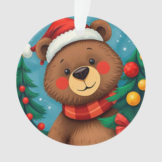 Bär in Weihnachtsmannmütze unter den Weihnachtsbäu Ornament (Vorderseite)